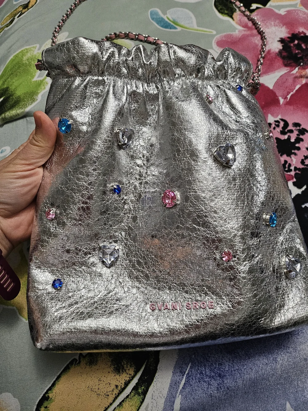 Jane & York Silver Metallic Crystal-Embellished Crossbody with Pink Trim